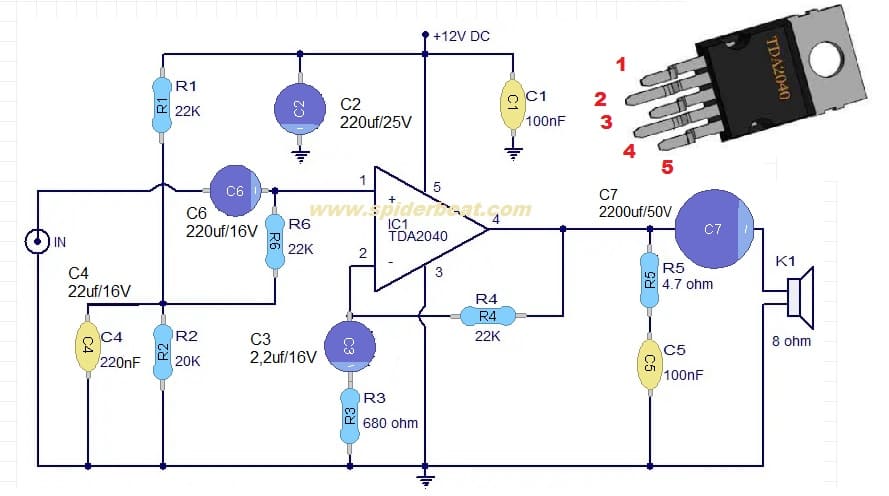 Skema TDA2040, Hi-fi Power Ampli Mini Supply Tunggal